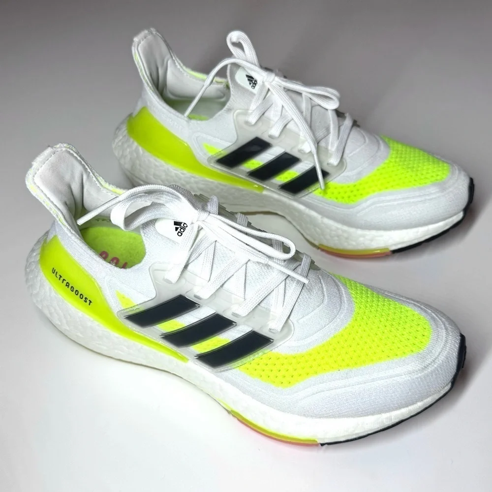 Adidas Men’s Ultraboost 21 Athletic Running Shoes - White and Neon Yellow Size-7